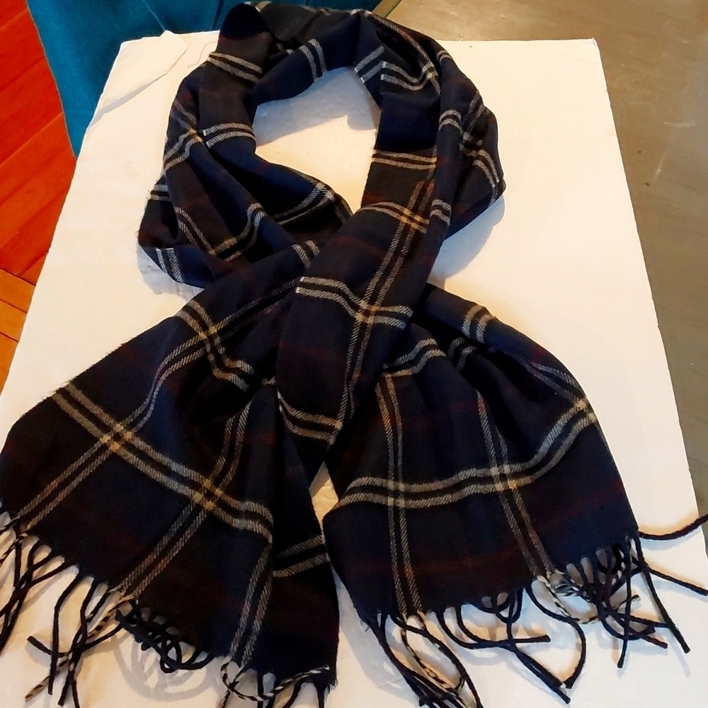 Cashmere Touch Neutral Navy Blue/ Burgundy Plaid Fringe Scarf Dress Preppy New!